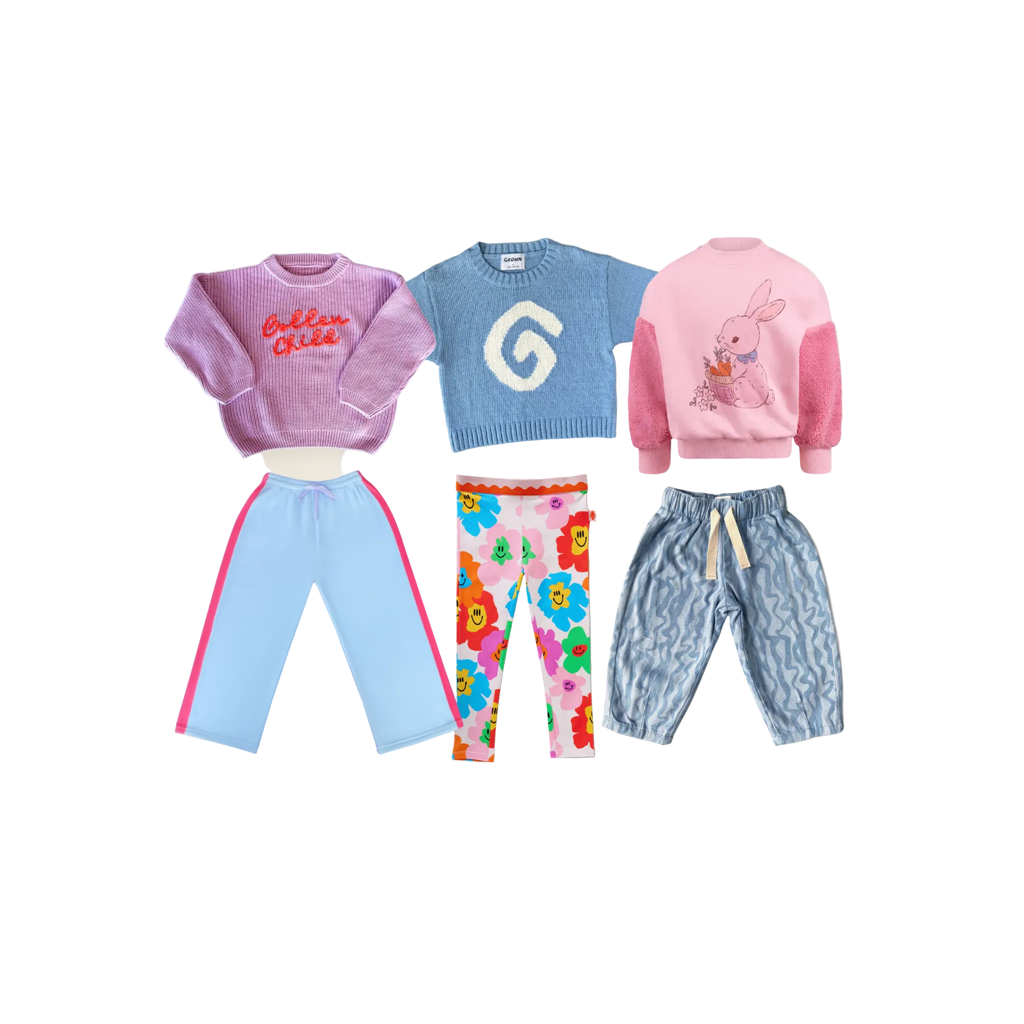 Blossom & Bunny Winter Set six children's knit clothing: two sweaters at the top, two pants at the bottom. The top row includes a lavender sweater with red script text, a light blue sweater with a large white letter G, and a pink sweater with a bunny graphic.