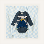 Blue Check Snuggle baby clothing Set by Clay and Hutch. Babu, Golden Child and Moulin Roty baby clothing and soft toys. A baby long-sleeve bodysuit in dark navy blue with a Blue Pilou Comforter, Puce & Pilou soft toy.