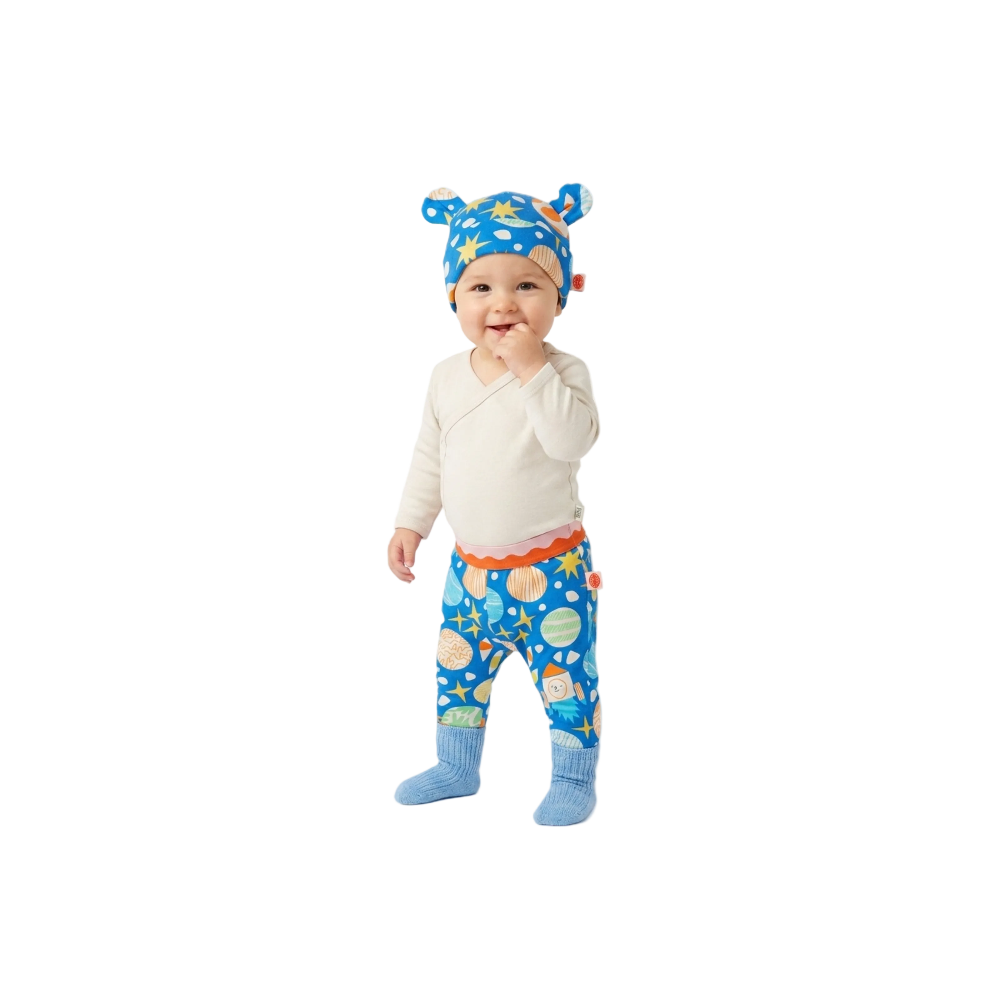 Cosmic Dreams baby clothing set by Clay and Hutch. Kimono Bodysuit - Oat, Baby Leggings - See You In Space, Baby Hat - See You In Space and Cotton Slub Chunky Rib Socks - Duck Egg. Babu, Halcyon Nights and Grown baby clothing set.