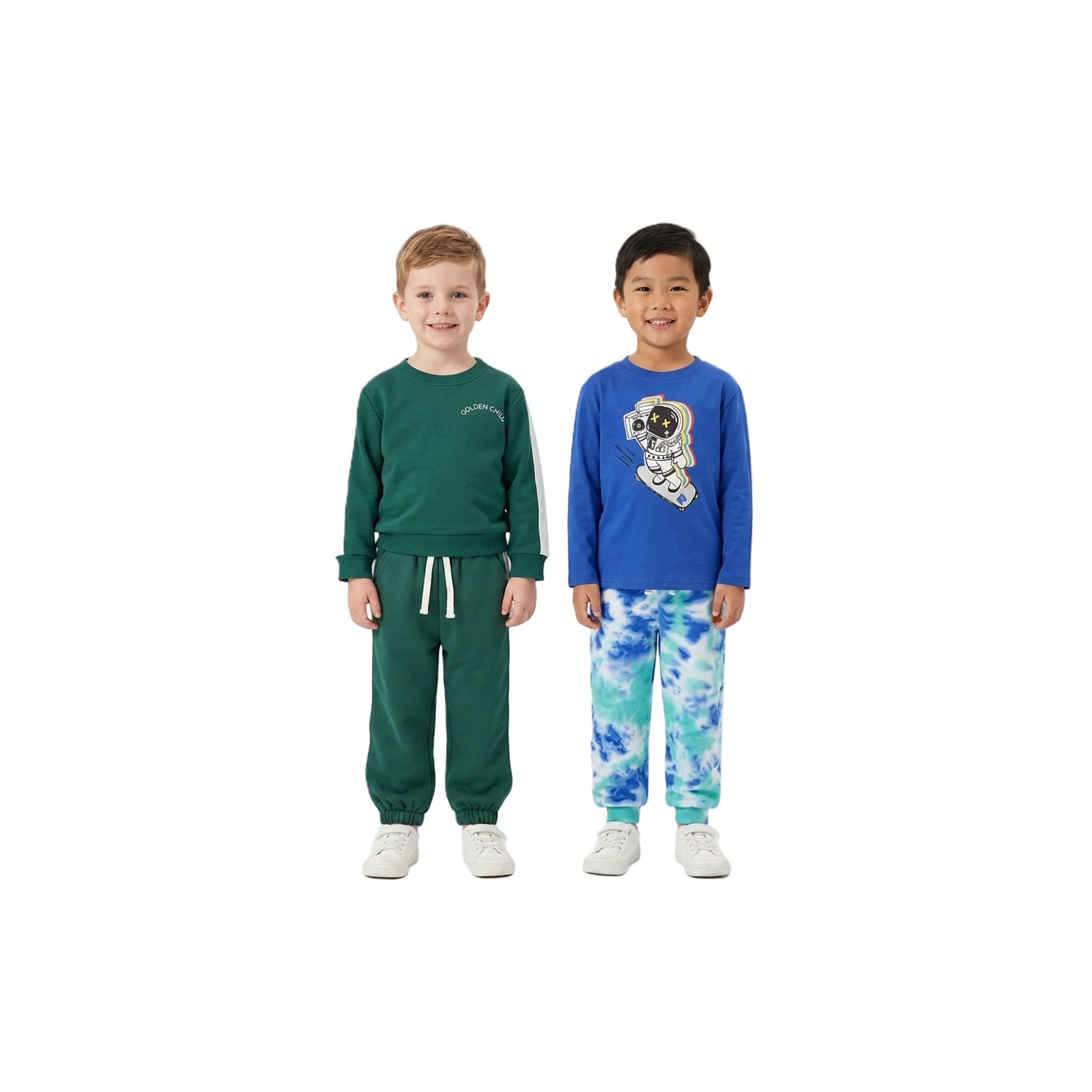 Cosmic Explorer kids clothing set by Clay and Hutch. Fast Lane Tracksuit - Evergreen, Long Sleeve T-Shirt - Galaxy Grind and Track Pants - Zilla SK8 Tie Dye Ren. Golden Child and Rock Your Baby kids clothing set.