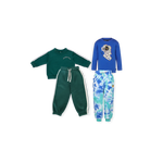Cosmic Explorer Set. A children's three-piece clothing set. The set includes a dark green long-sleeve sweatshirt with white stripes on the sleeves, matching dark green sweatpants with white drawstrings, and a royal blue long-sleeve sweatshirt featuring a cartoon astronaut graphic.