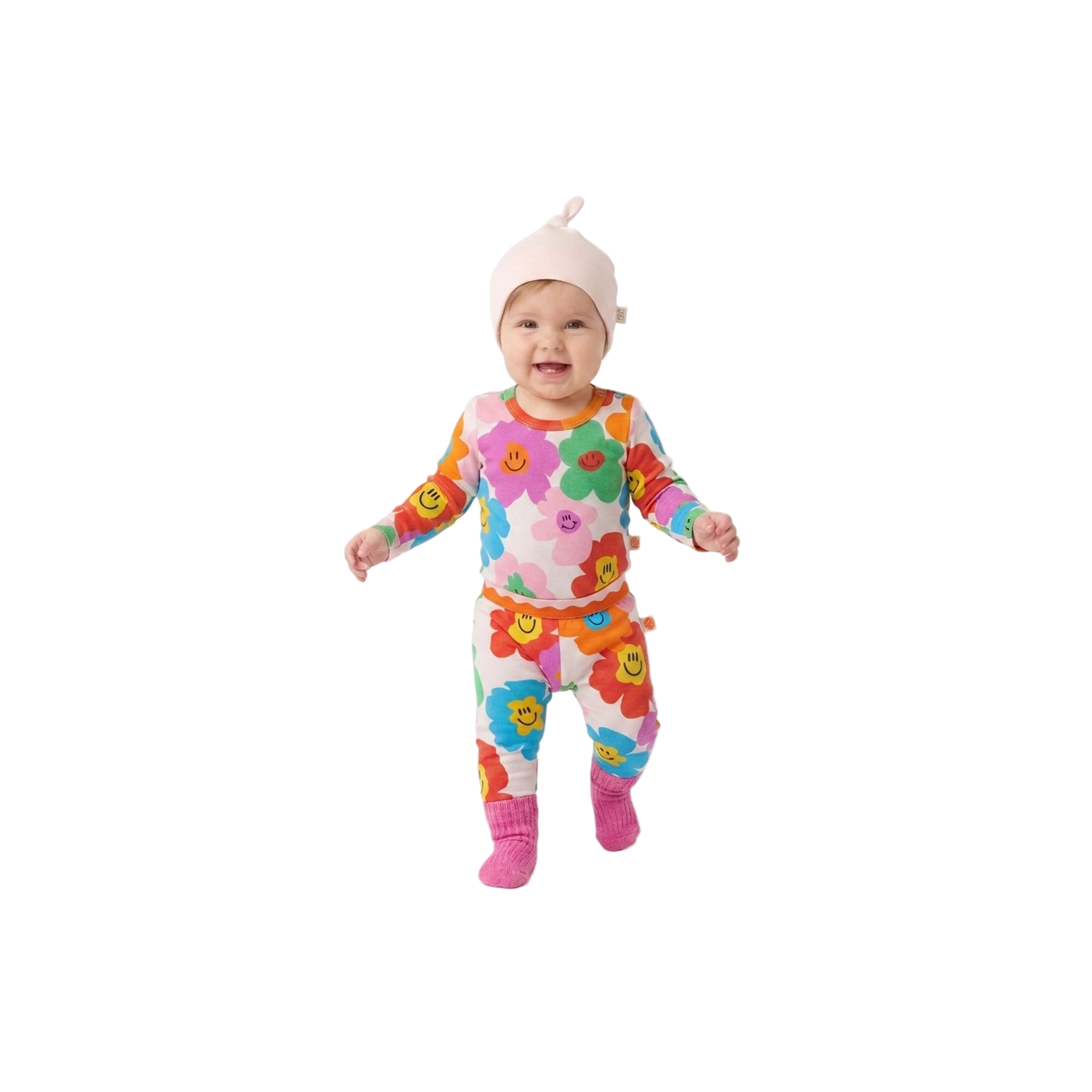 Happy Flowers baby clothing set by Clay and Hutch. Long Sleeve Bodysuit - Hej Blomma!, Baby Leggings - Hej Blomma!, Knotted Beanie - Petal, and Cotton Slub Chunky Rib Socks - Raspberry. Halcyon Nights, Babu and Grown baby clothing baby set.