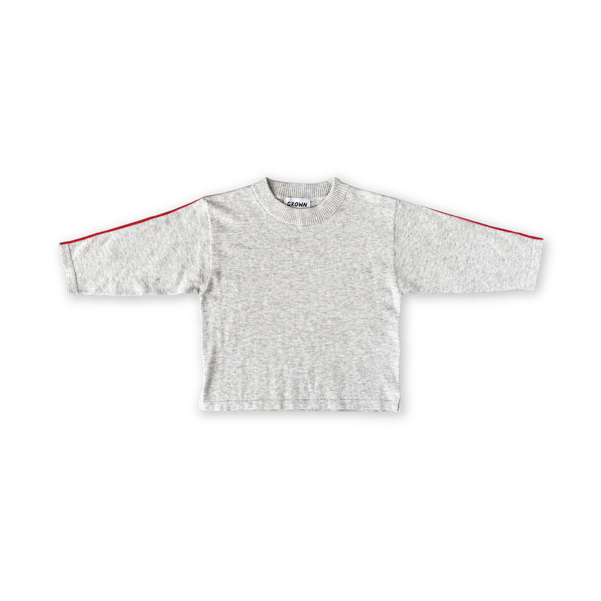 Gray cropped sweatshirt with red trim on a white background