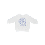 White sweatshirt with blue circular design on a blue background