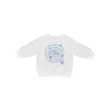 White sweatshirt with blue circular design on a blue background