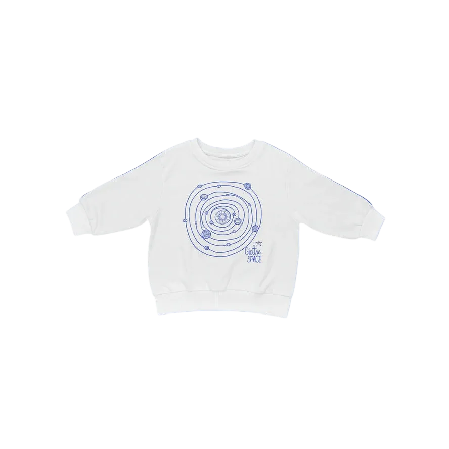 White sweatshirt with blue circular design on a blue background