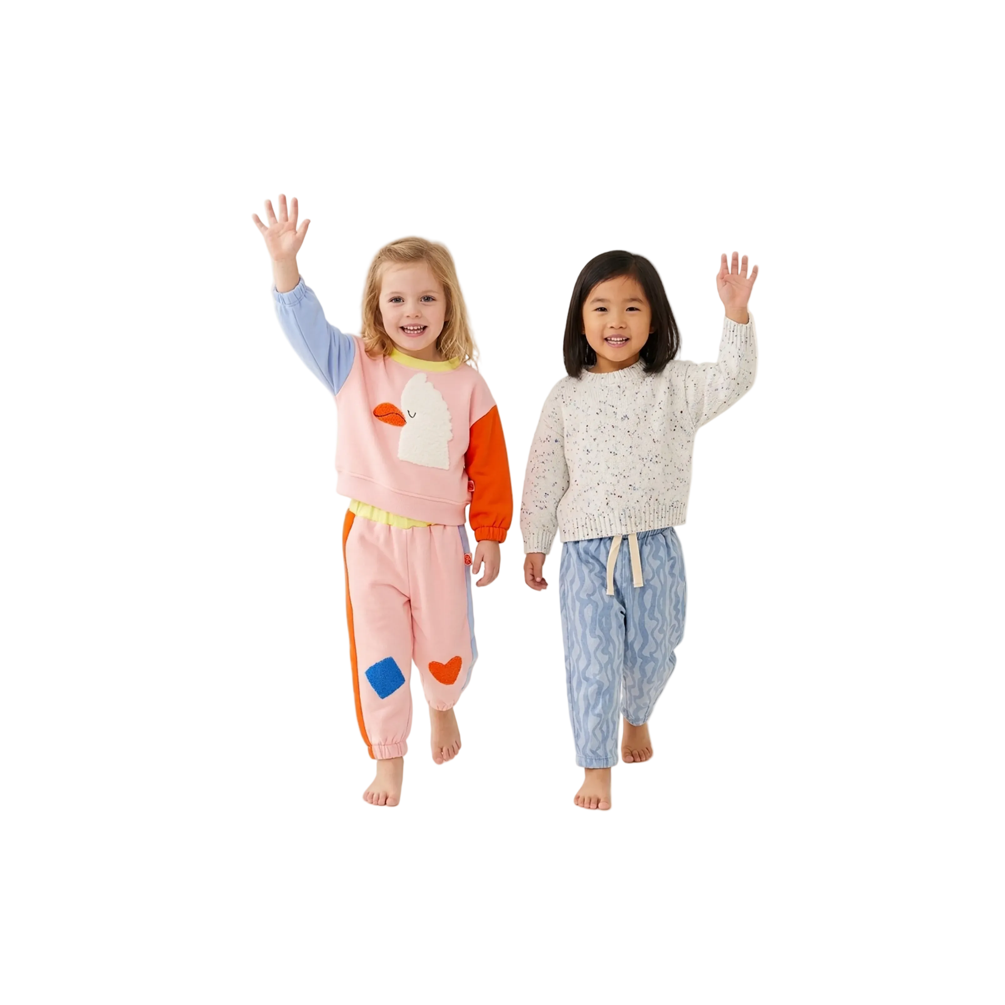 Pastel Playtime kids clothing set by Clay and Hutch. Halcyon Nights - Fleece Sweater | Little Billabong Pink, Grown - Organic Funfetti Knit Pull Over | Surf, Halcyon Nights - Fleece Track Pants | Little Billabong Pink and Grown -  Organic Flow | Denim Pants clothing kids set.
