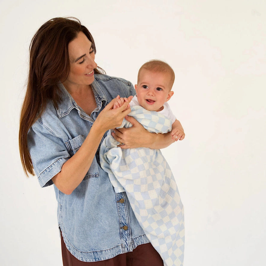 Wavy Baby Checked Organic Cotton Baby Swaddle | Ocean